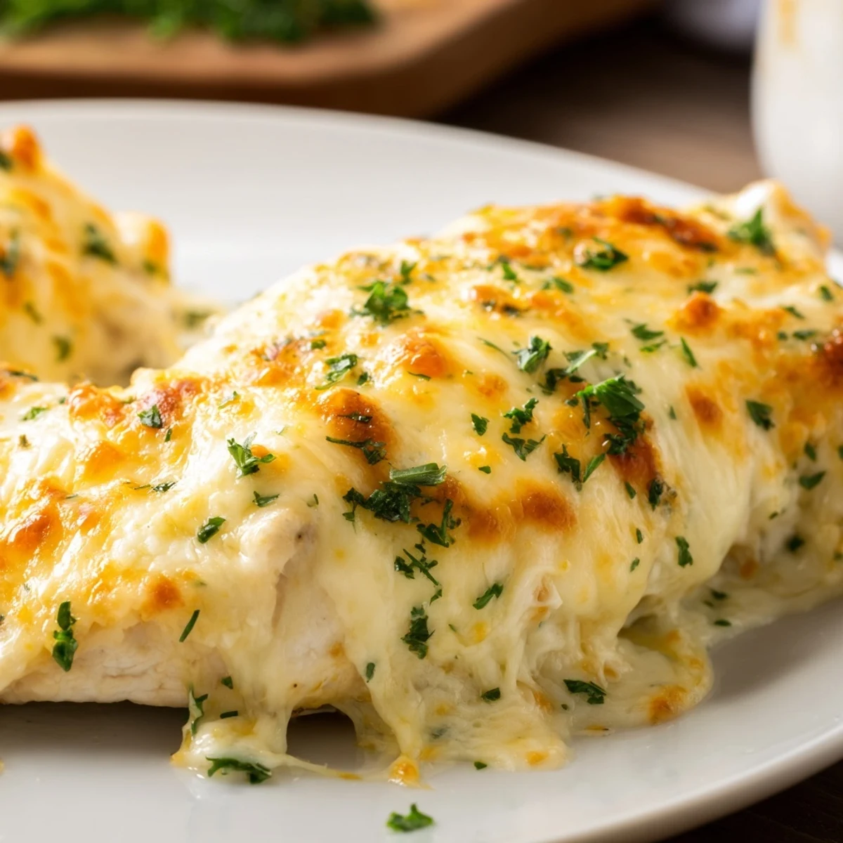 Golden bubbly parmesan chicken breasts fresh from the oven with melted mozzarella topping