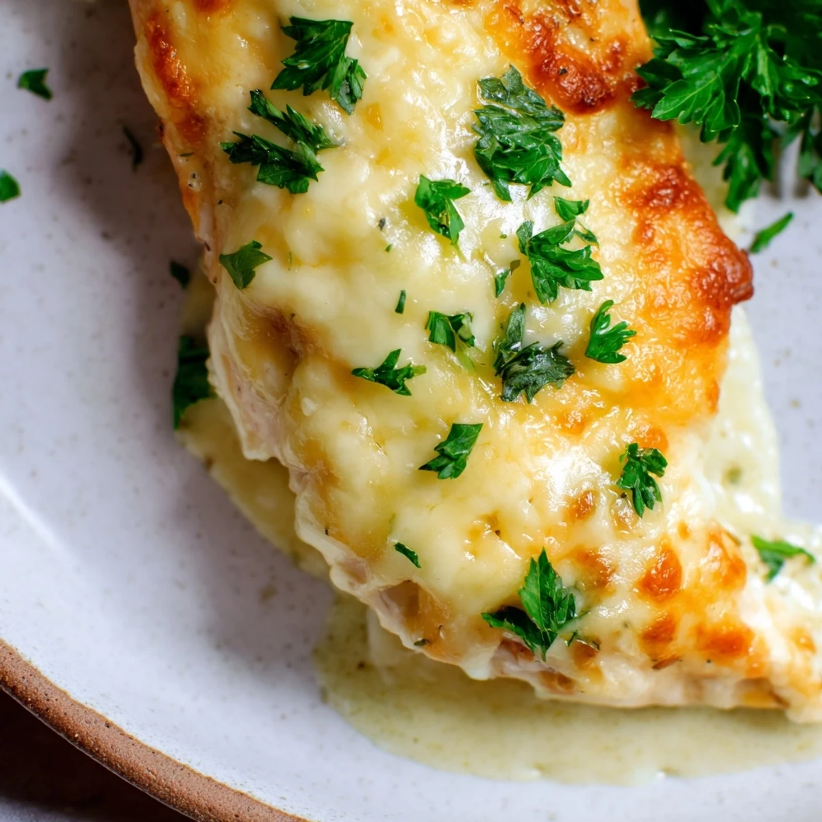Creamy Caesar baked chicken dish garnished with fresh parsley on a white plate