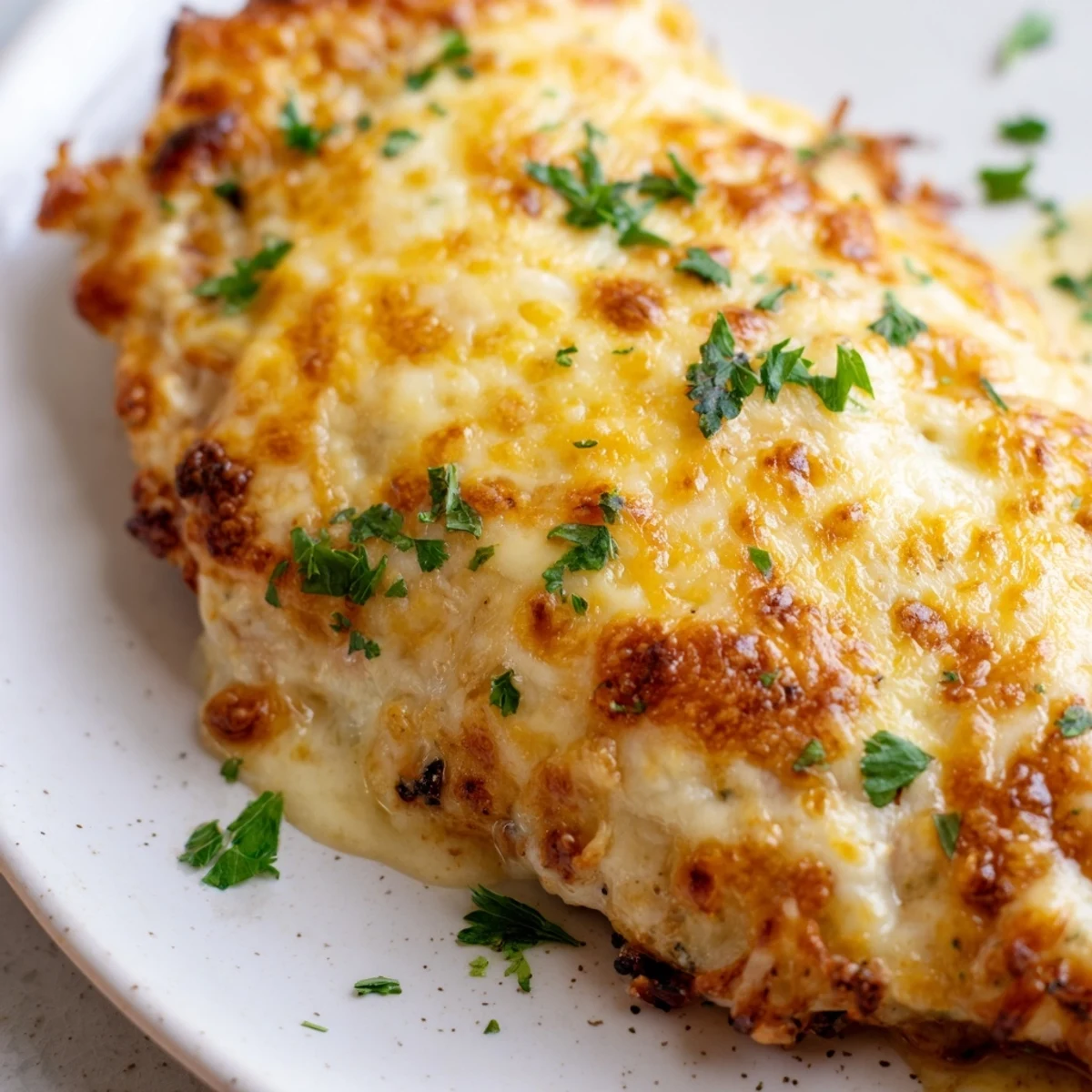 Tender juicy chicken baked in rich Caesar parmesan sauce until golden and bubbly