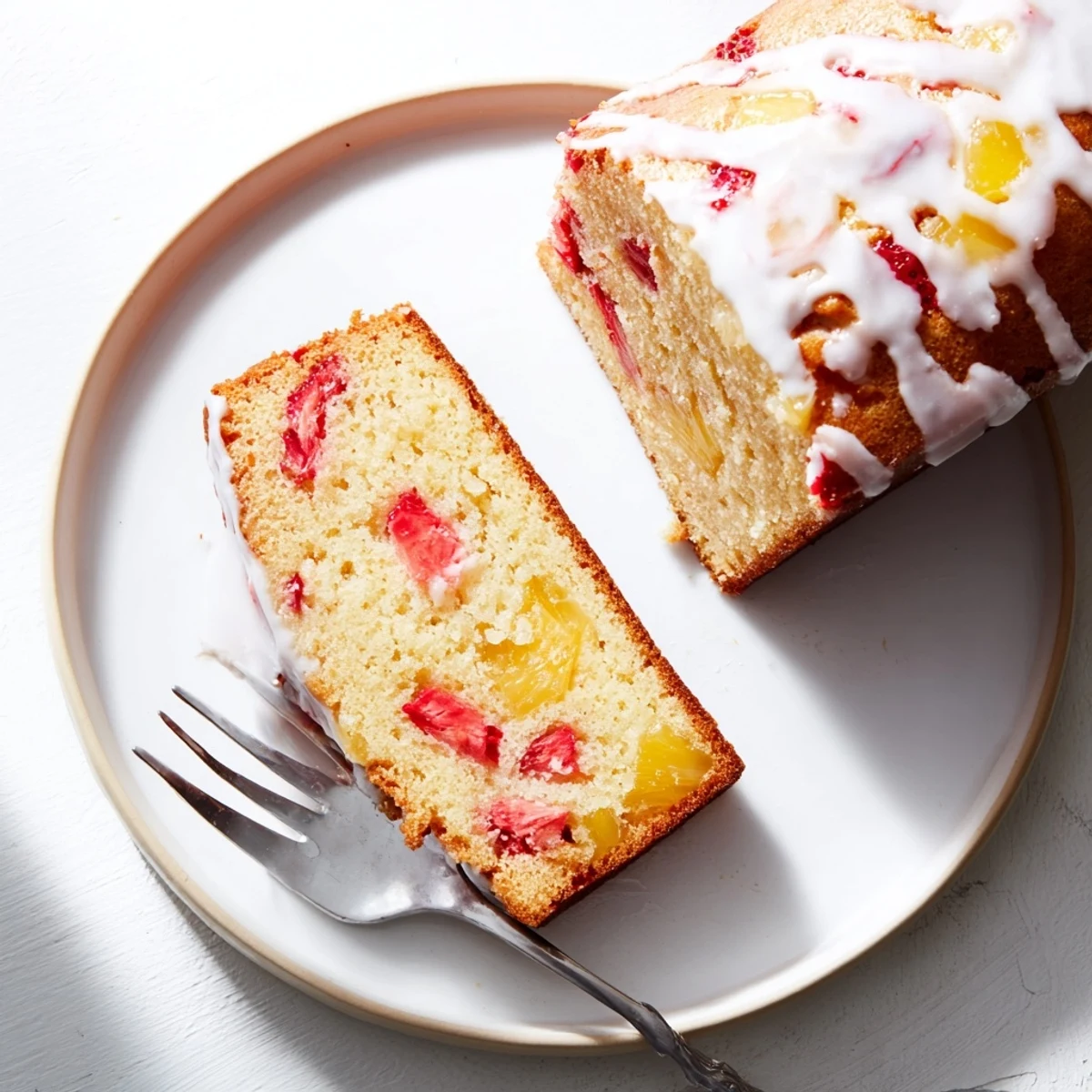 Moist tender strawberry pineapple pound cake loaf studded with fresh diced strawberries and golden pineapple pieces