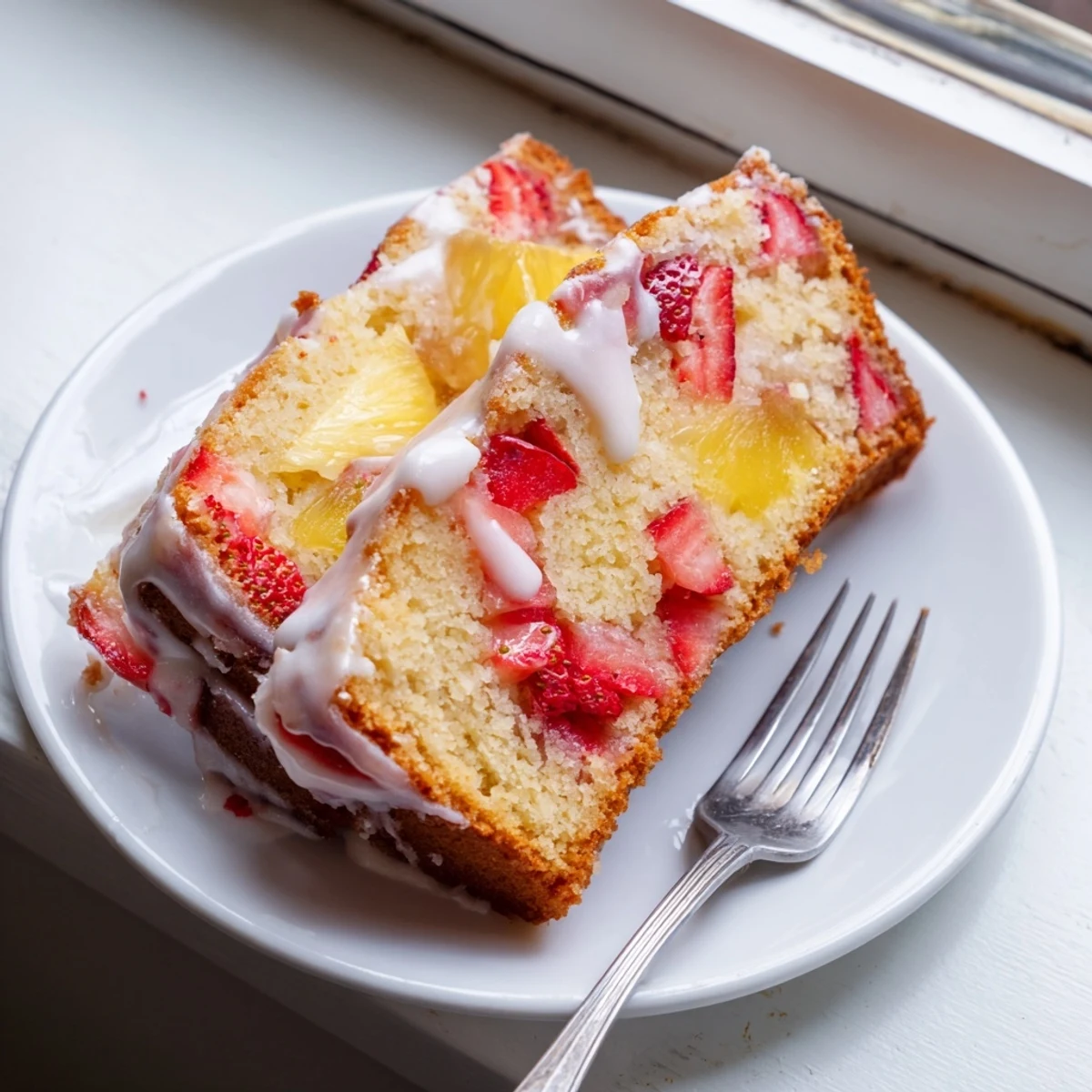 Slice of homemade strawberry pineapple pound cake topped with white powdered sugar glaze on white serving plate