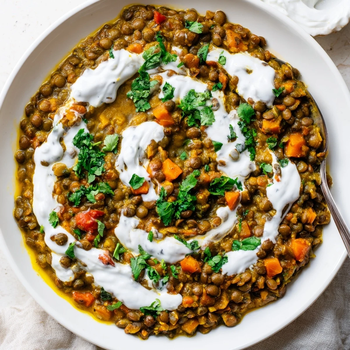 Creamy Greek yogurt lentil curry garnished with fresh cilantro in a white bowl
