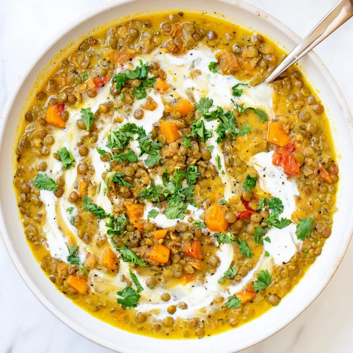 Savory Indian-inspired lentil curry swirls Greek yogurt topping over fluffy basmati rice