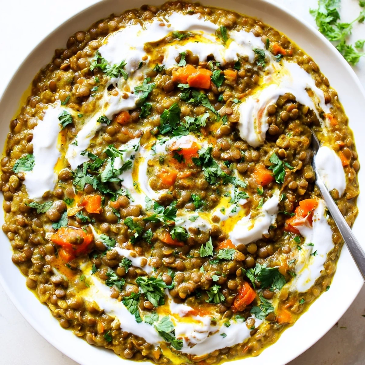 Golden lentil simmered in aromatic spices topped with tangy Greek yogurt swirl