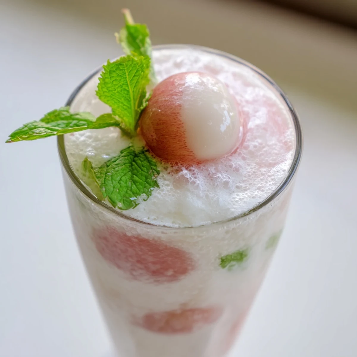 Tall glass of coconut lychee iced drink topped with fresh mint leaves and lime slices