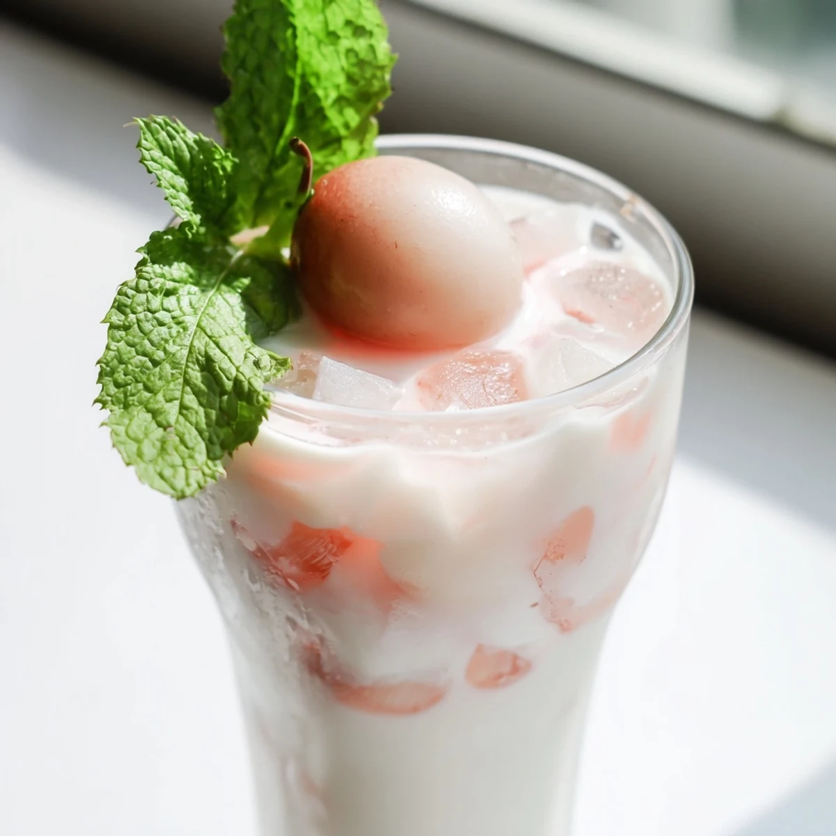 Creamy white coconut lychee iced drink filled with ice and garnished with whole lychee fruit