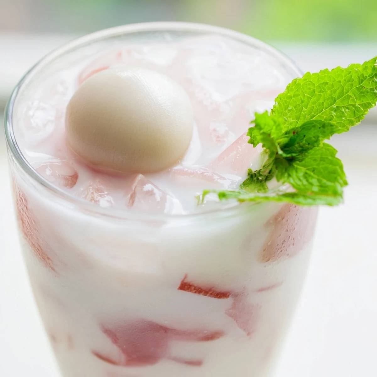 Refreshing coconut lychee iced drink served in a clear glass with floating ice cubes