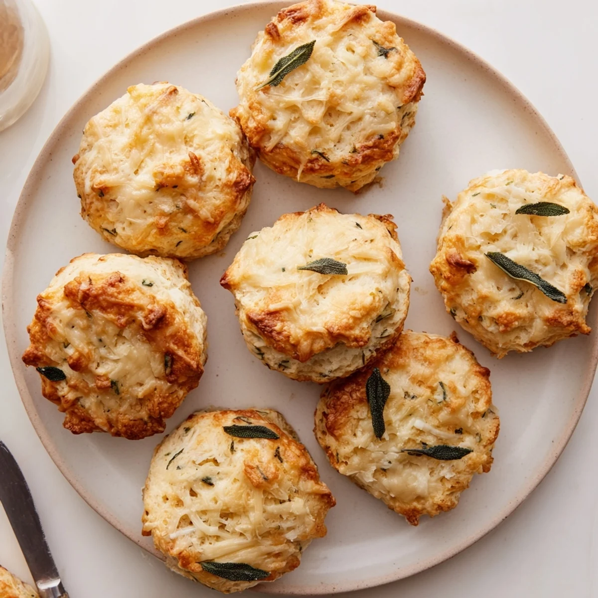 Golden brown sage and Gruyere biscuits cooling on a wire rack with flaky layers visible
