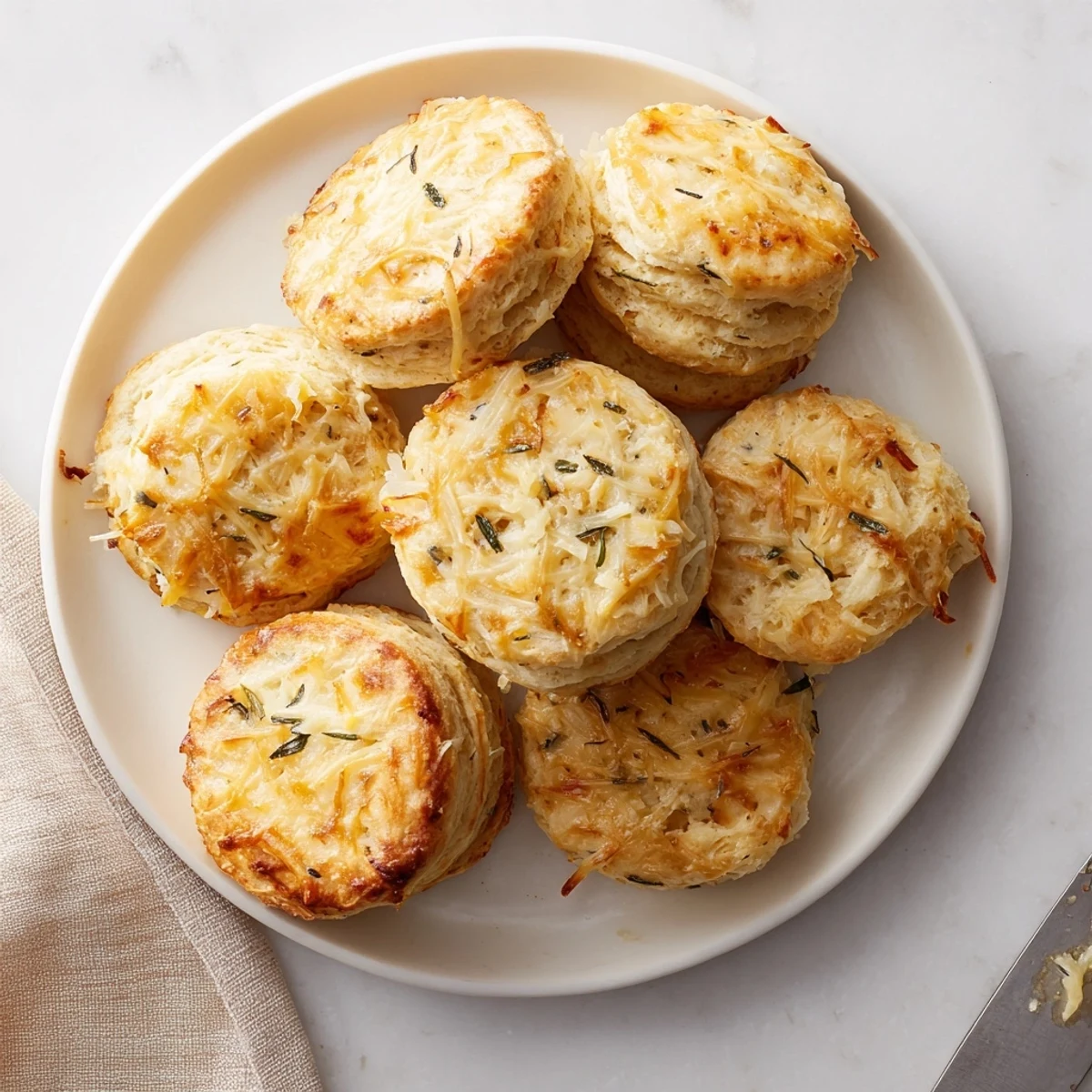 Warm sage and Gruyere biscuits stacked on a wooden board served with melted butter brushed tops