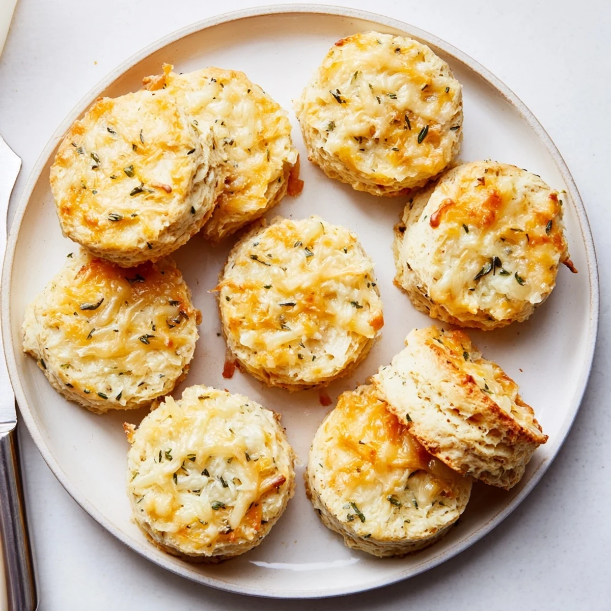 Freshly baked sage and Gruyere biscuits split open revealing melted cheese pockets and tender crumbs