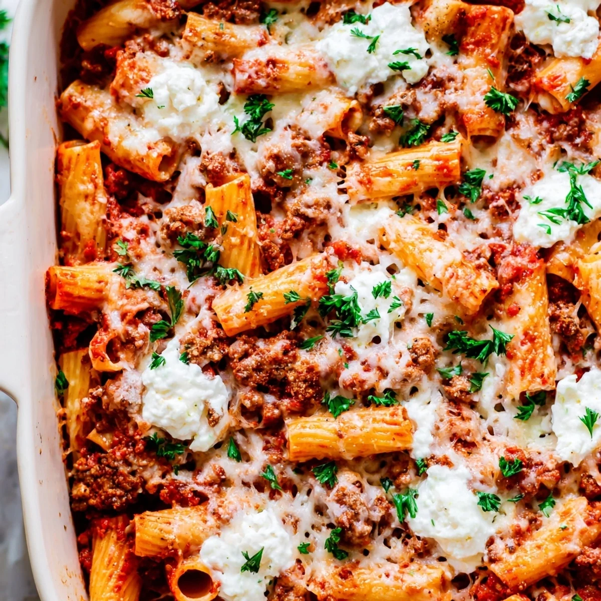 Golden baked rigatoni casserole with bubbling mozzarella and savory ground beef in red sauce
