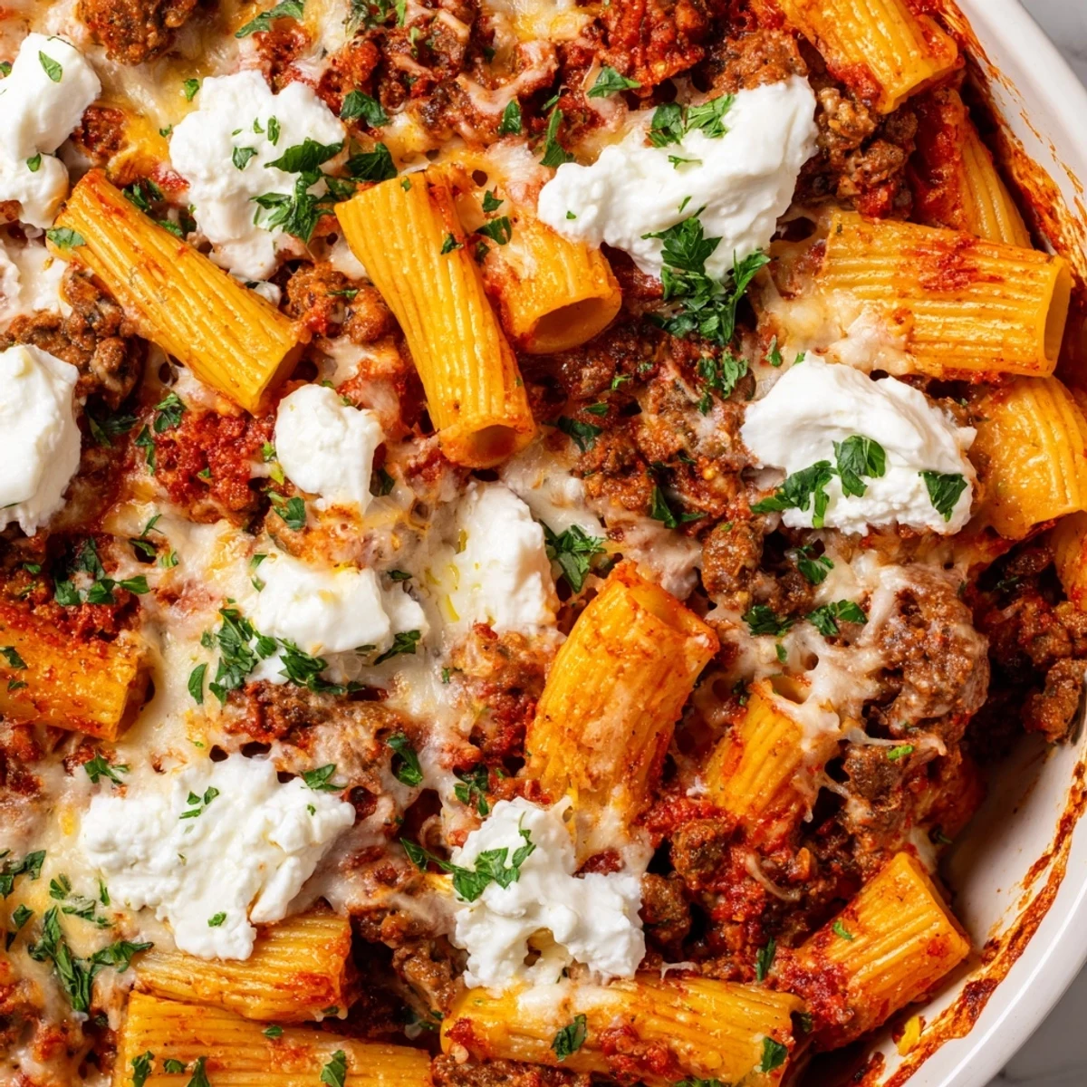 Hearty Italian-American pasta dish featuring rigatoni tossed with seasoned beef and melted cheeses