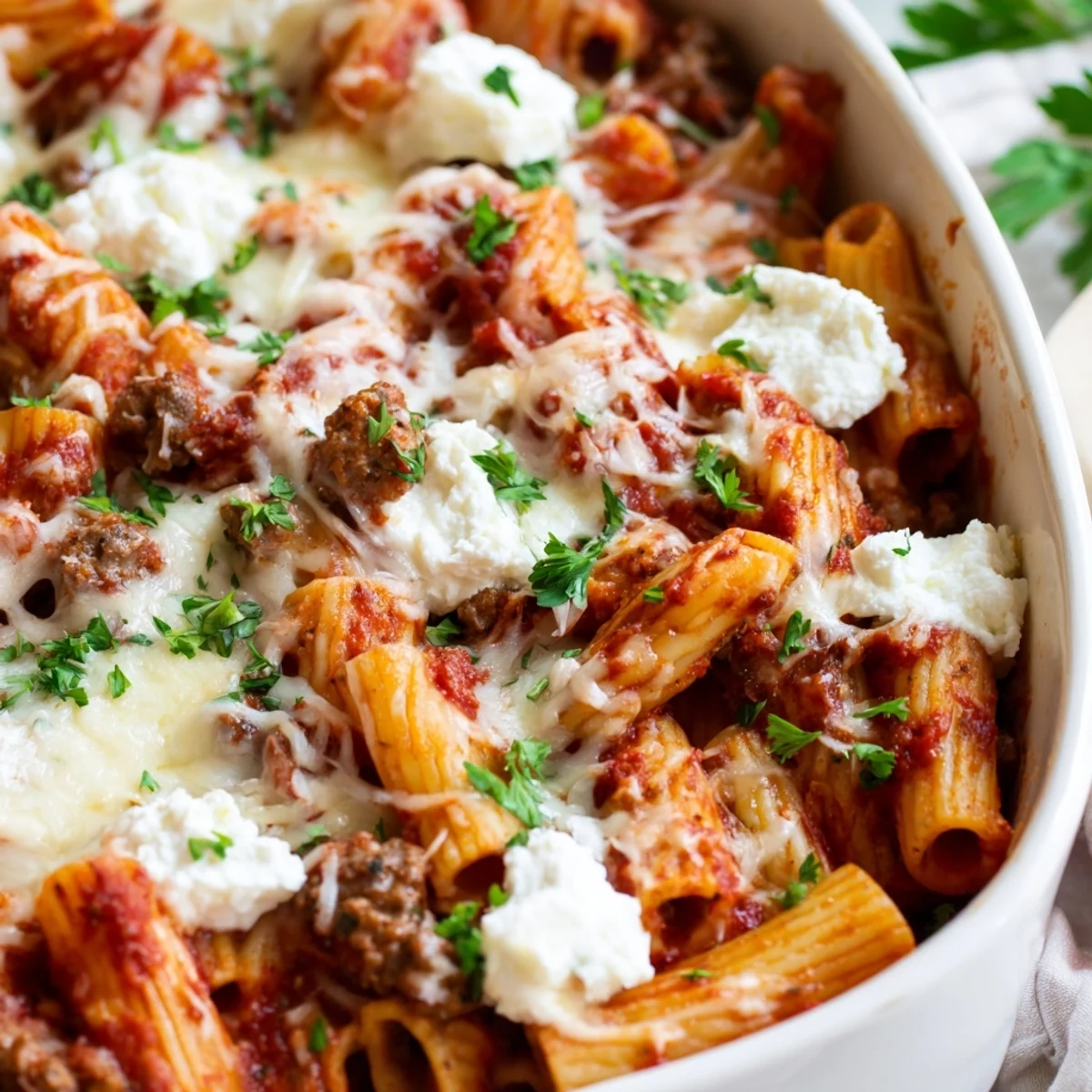 Family-friendly rigatoni bake with layers of meat sauce, ricotta, and golden brown cheese topping