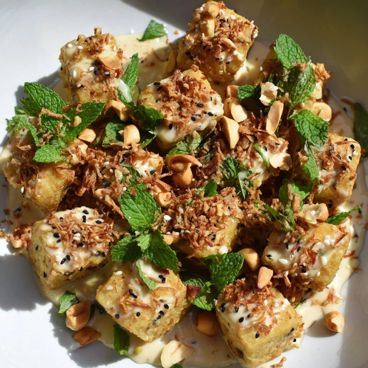 Golden tofu thoke salad with crisp vegetables and crushed peanut garnish on white plate