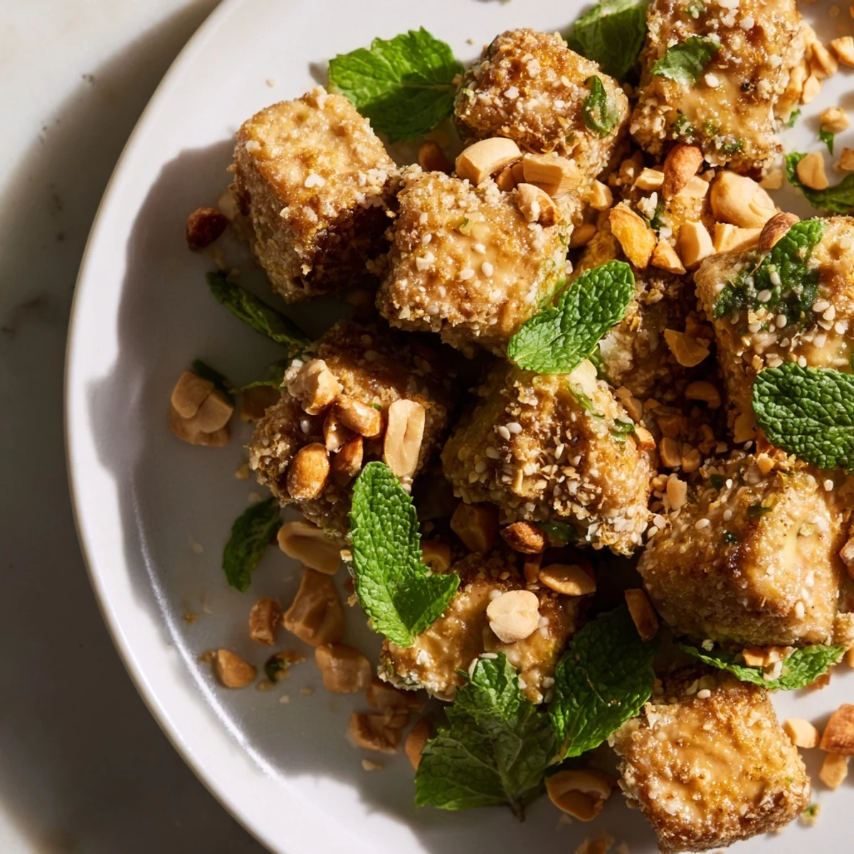 Colorful Burmese tofu thoke bowl with fresh herbs and tangy sesame lime dressing
