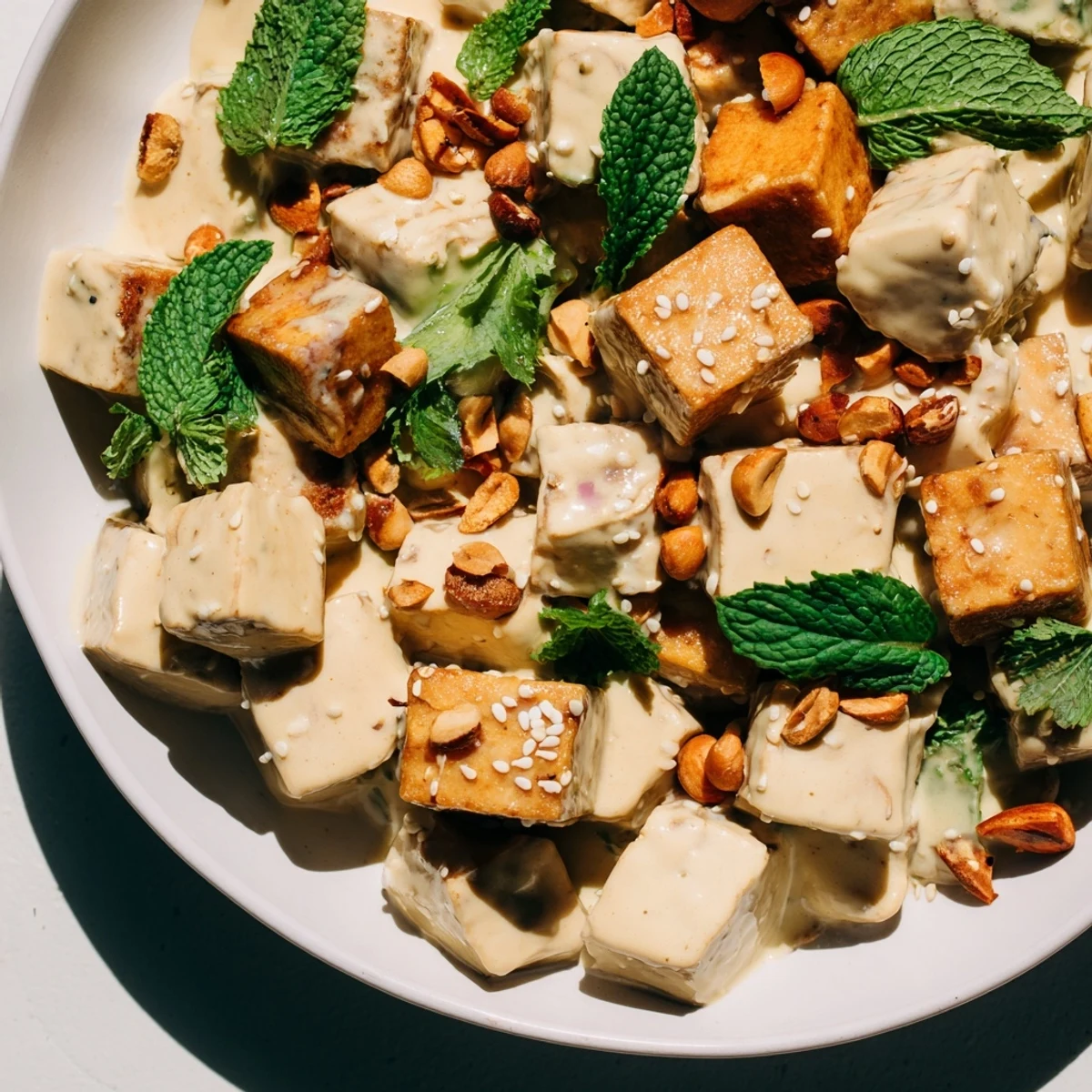 Silken tofu thoke topped with crispy shallots and roasted peanuts in rustic serving bowl