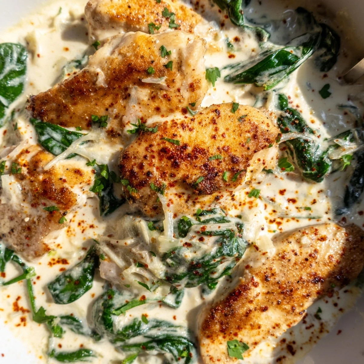 Golden brown chicken breasts swimming in a rich, creamy parmesan garlic sauce with fresh wilted spinach in a cast iron skillet