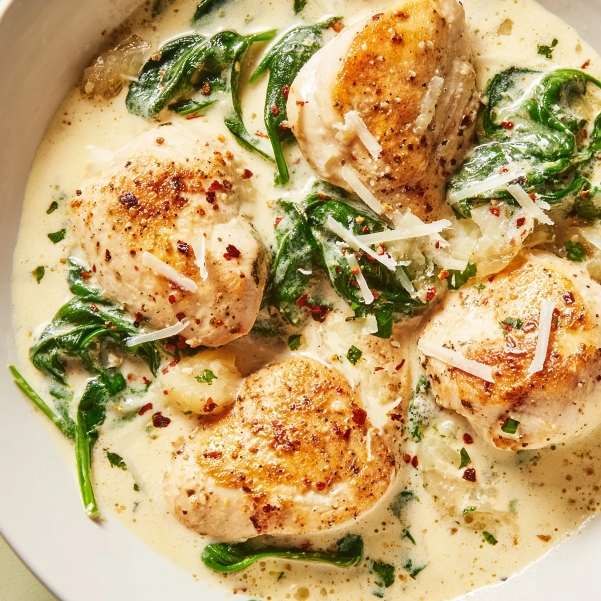 One-pan creamy parmesan chicken featuring seared chicken breasts nestled in a velvety garlic parmesan cream sauce dotted with baby spinach