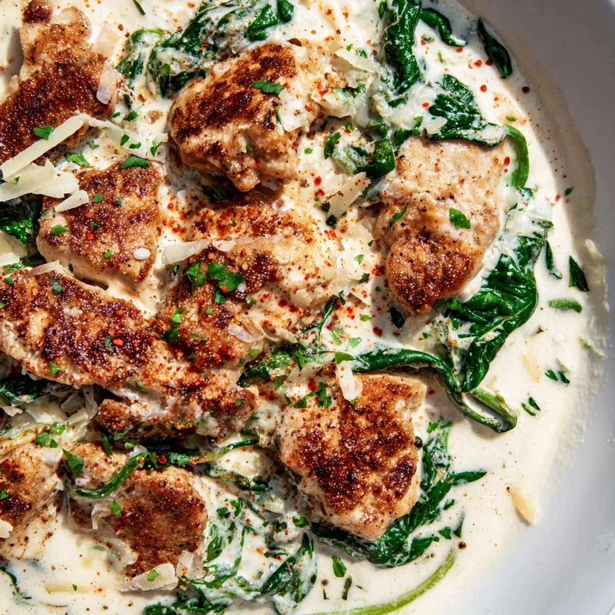 Savory creamy parmesan chicken skillet served hot with tender meat coated in thick white cheese sauce and vibrant green spinach leaves