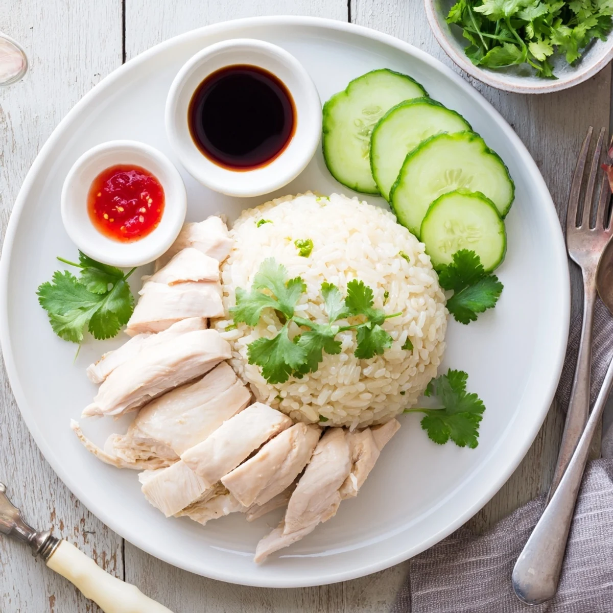 Golden poached chicken served over fragrant garlic-ginger rice with fresh cilantro garnish