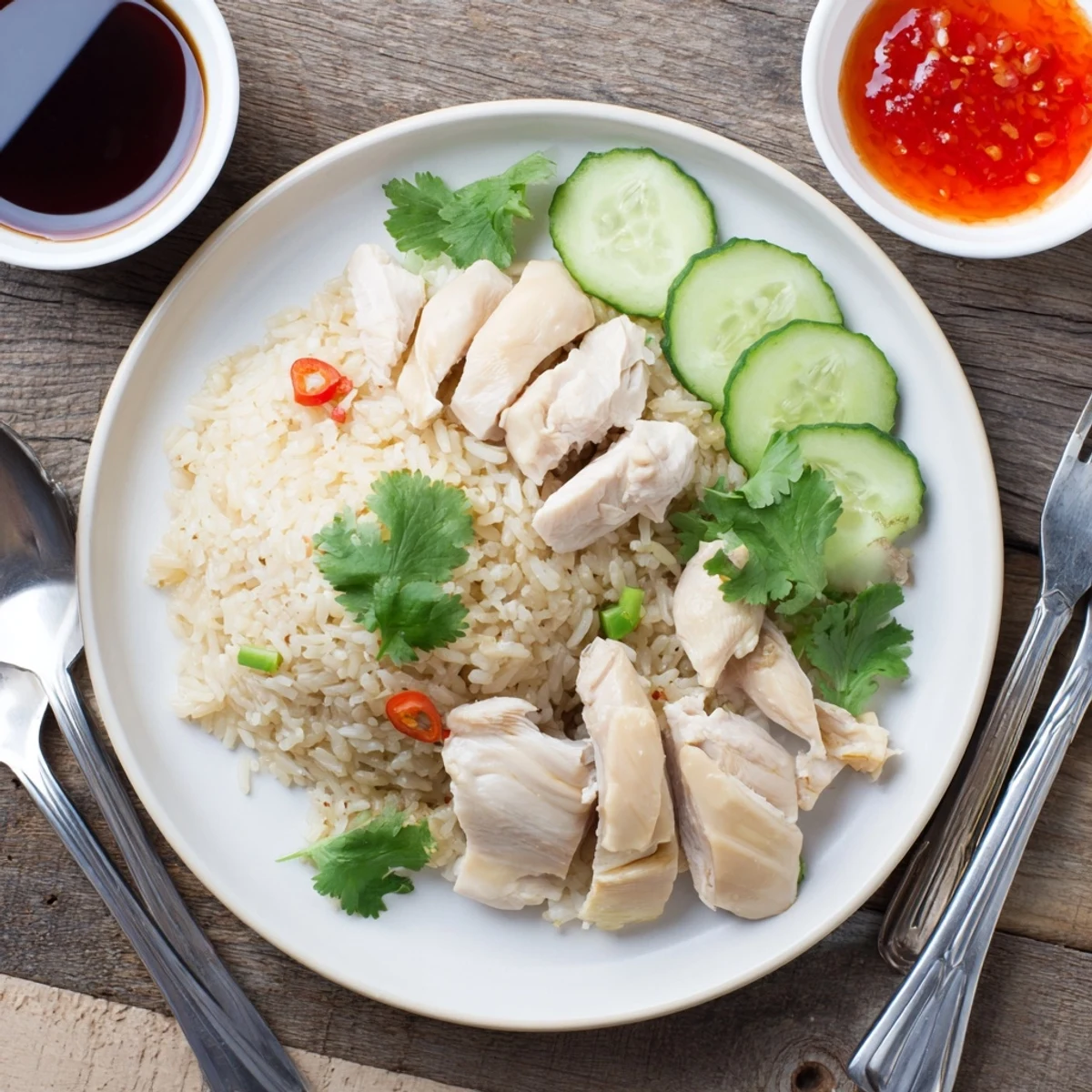 Classic Singaporean chicken dish with aromatic jasmine rice and trio of flavorful dipping sauces