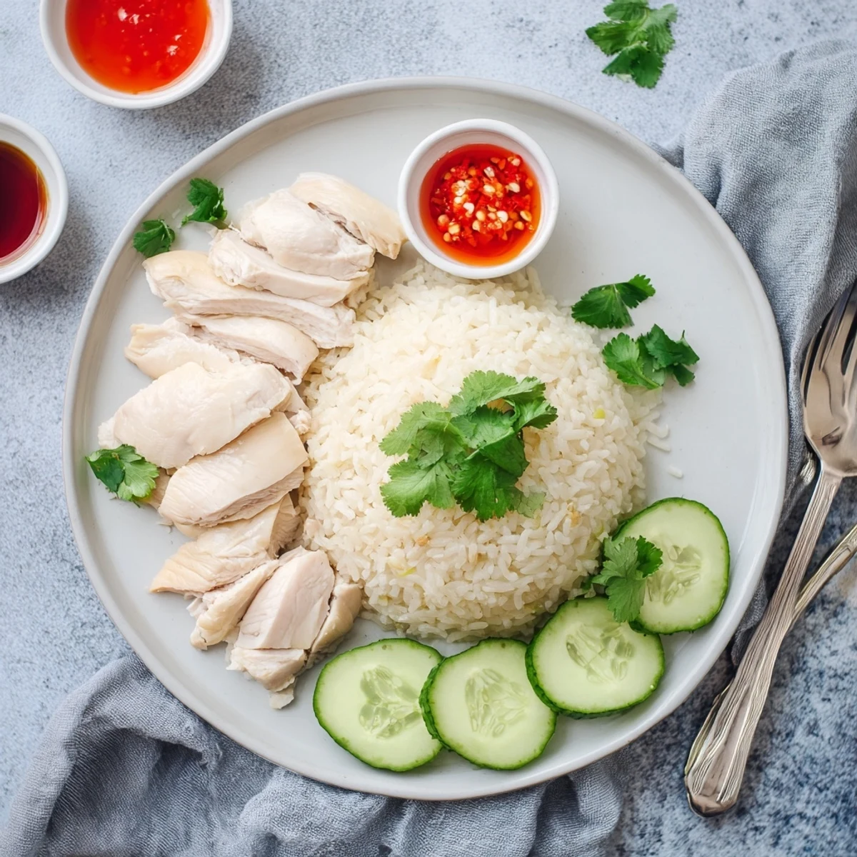 Tender Hainanese chicken rice plate accompanied by spicy chili sauce and sliced cucumber