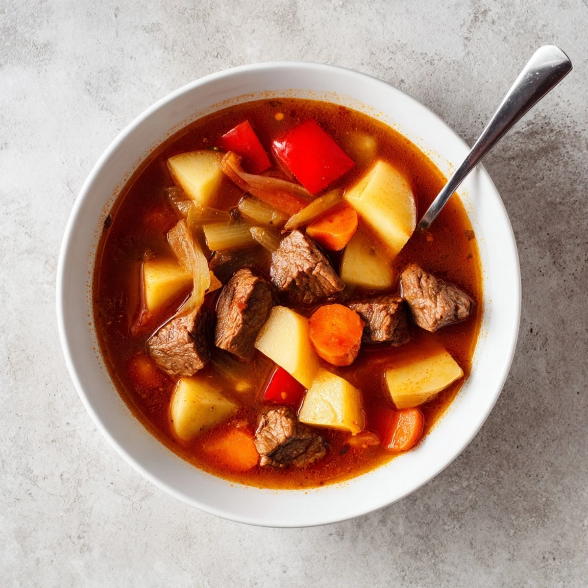 Steaming bowl of Hungarian Gulyás featuring tender beef chunks and colorful vegetables in rich paprika broth