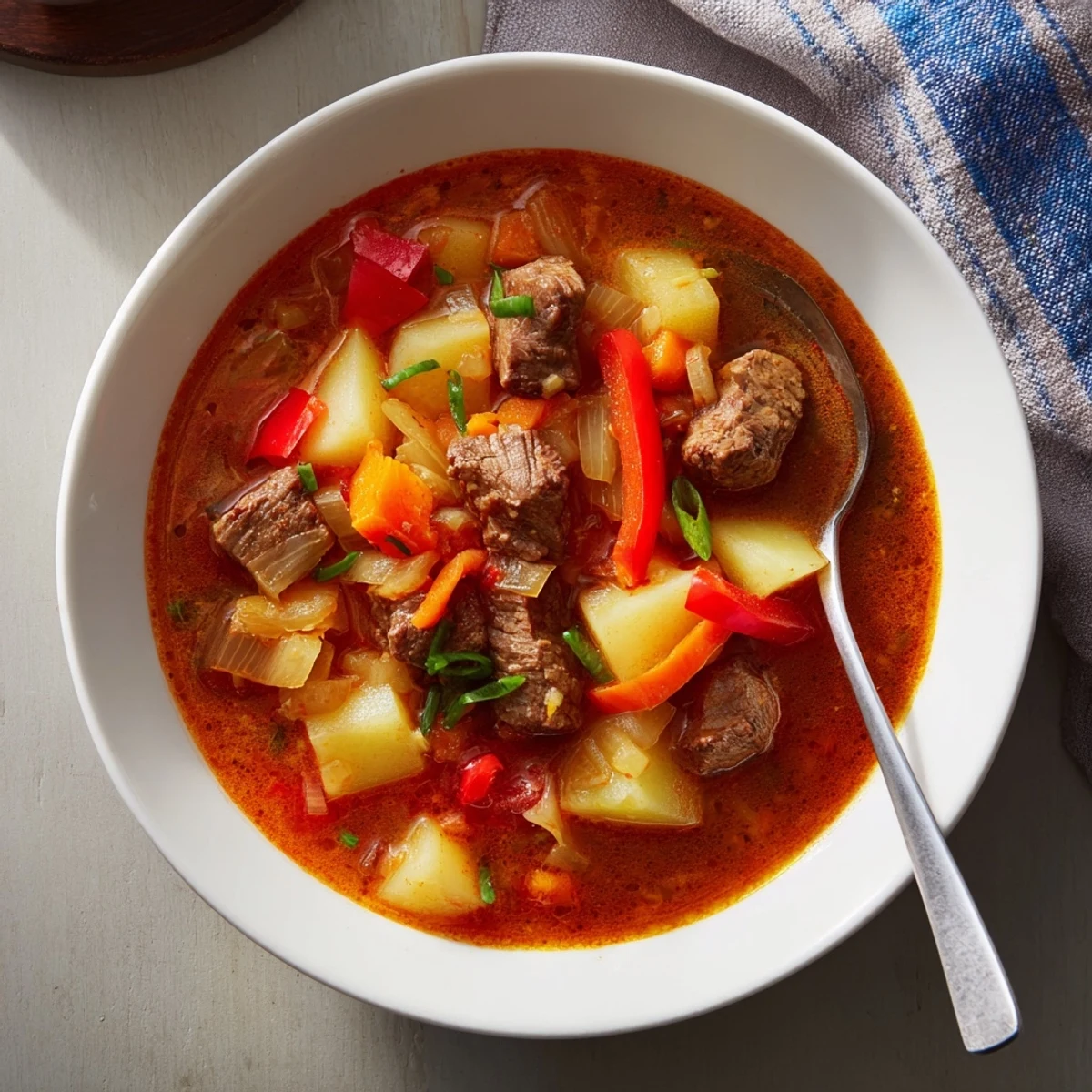 Rustic Dutch oven filled with authentic Hungarian Gulyás stew with hearty potatoes and carrots simmering slowly
