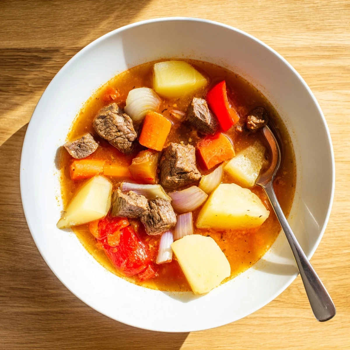 Golden-red Hungarian Gulyás soup served with fresh crusty bread, showcasing beef and bell pepper in spiced broth