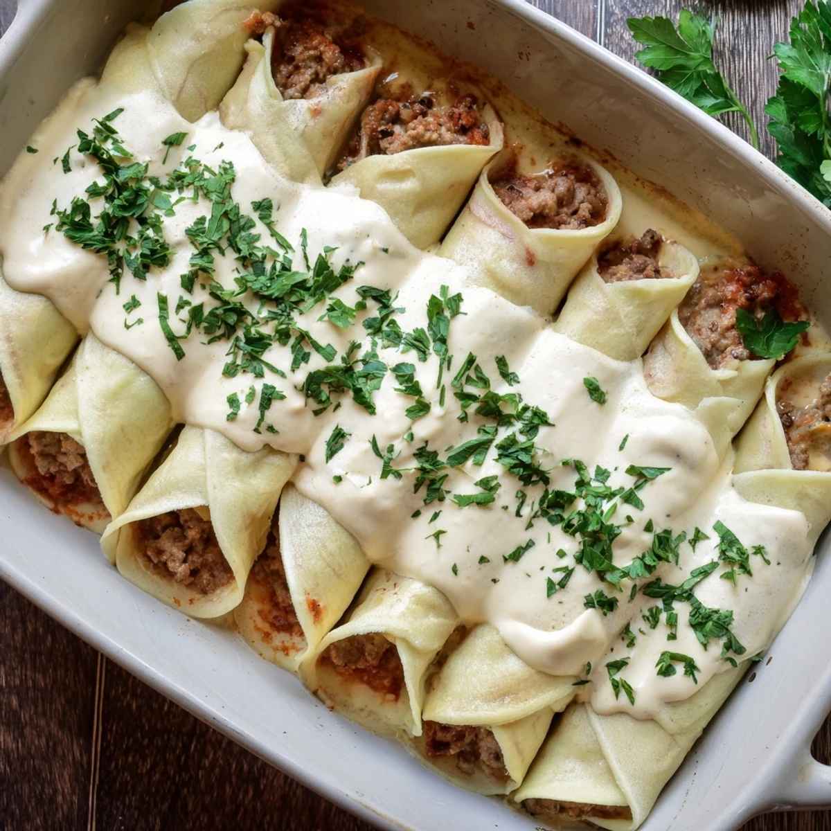 Rolled crepes overflowing with savory paprika beef filling baked until bubbling and golden brown