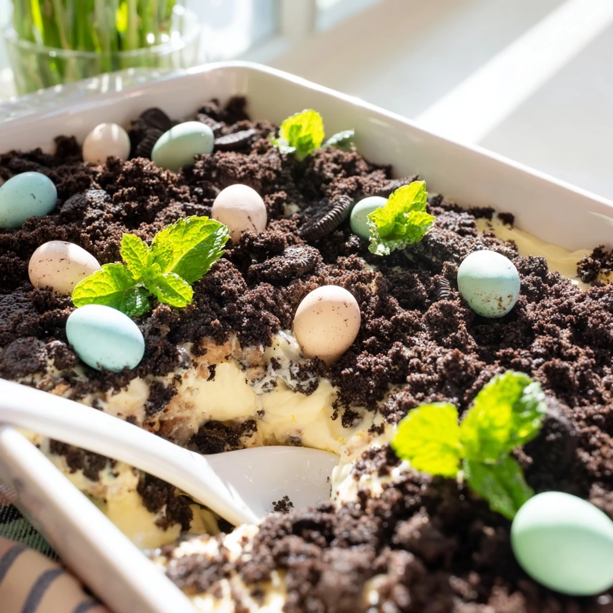 Golden Easter Dirt Cake casserole with layers of creamy pudding and crushed chocolate cookies topped with colorful pastel candies