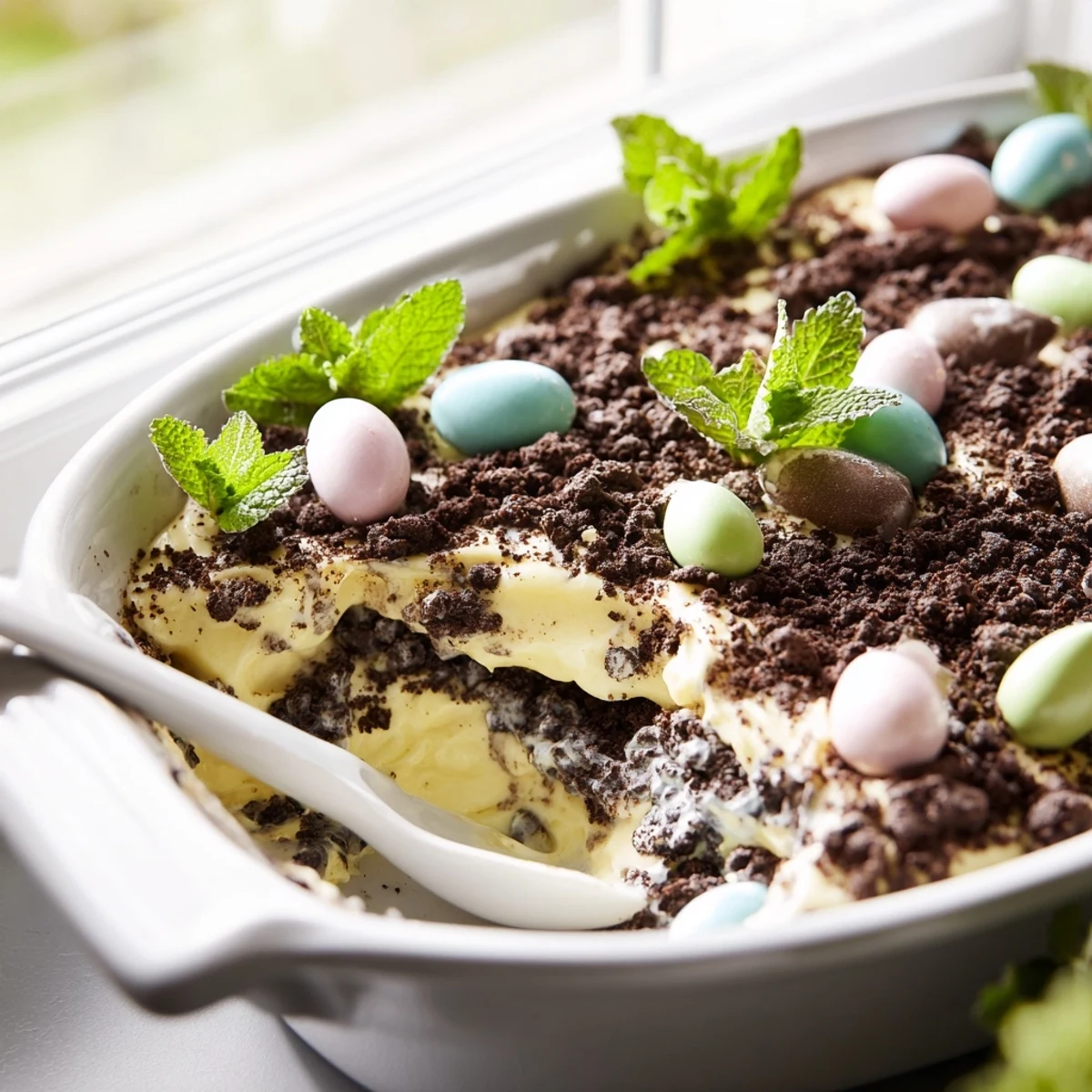Crowd-pleasing Easter Dirt Cake casserole served chilled with mint garnish and scattered chocolate egg decorations