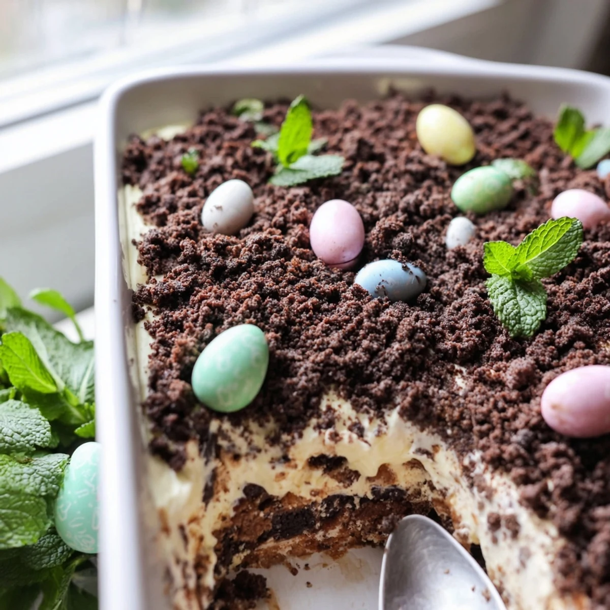 Spring dessert casserole displaying whipped cream layers beneath dark cookie dirt and festive Easter egg candies