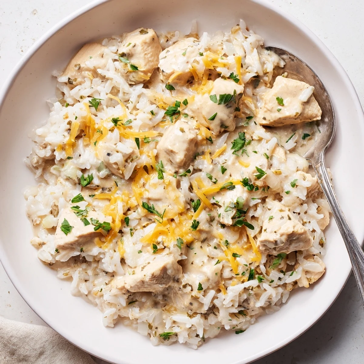 Golden chicken breasts resting in creamy cheddar sauce over fluffy white rice in a skillet