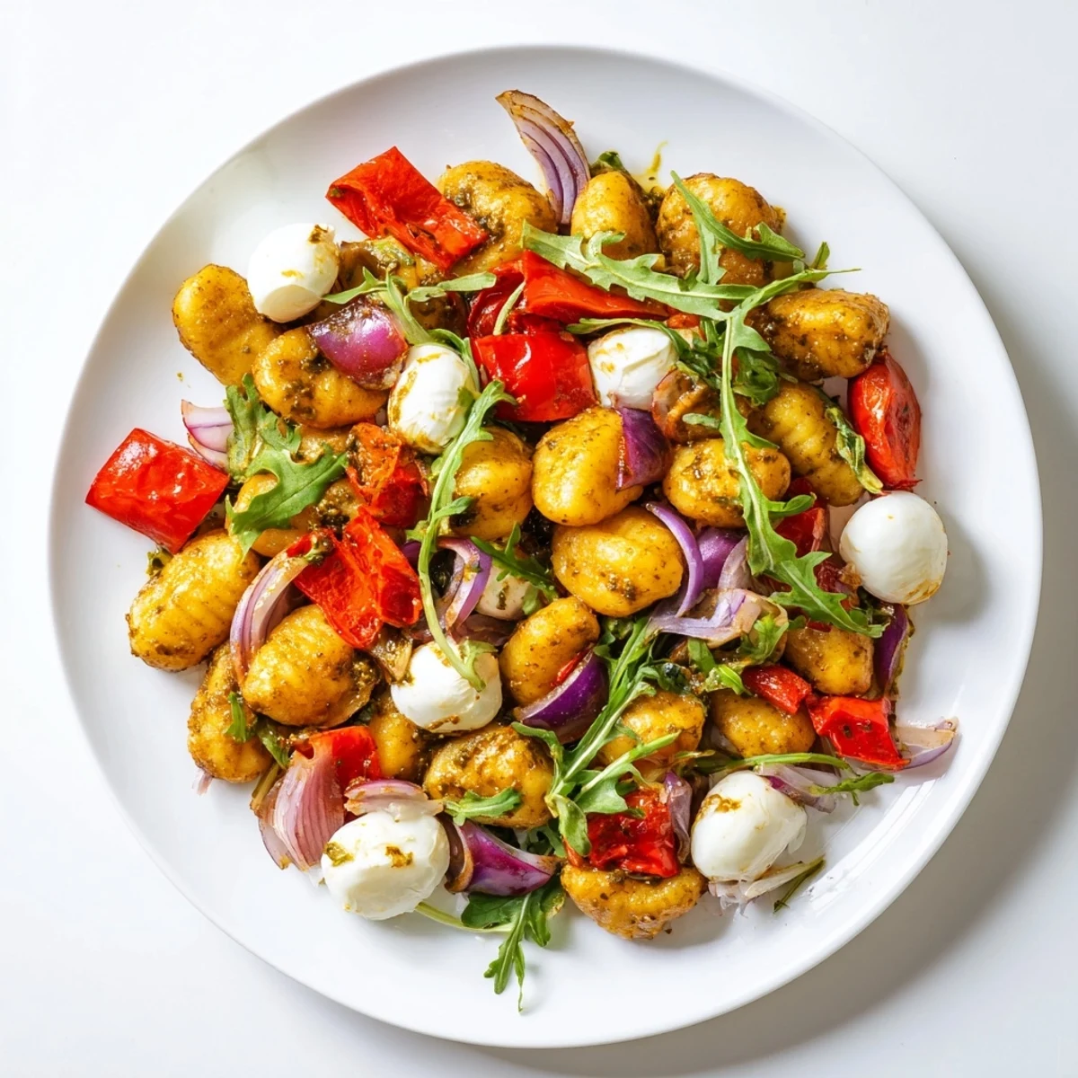 Golden roasted gnocchi salad tossed with fresh mozzarella, vibrant vegetables, and zesty basil pesto dressing