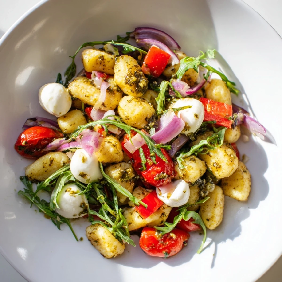 Warm Italian-inspired pesto roasted gnocchi salad featuring cherry tomatoes, creamy mozzarella balls, and peppery arugula
