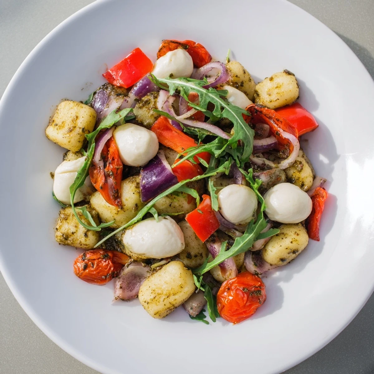 Crispy roasted potato gnocchi mixed with colorful vegetables, melted mozzarella, and fragrant green pesto sauce