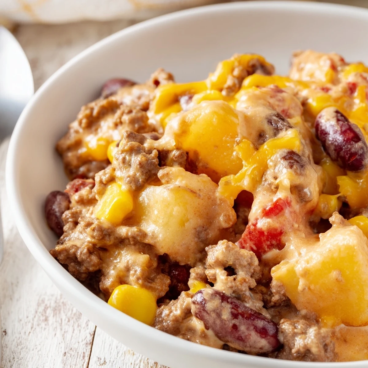 Golden melted cheddar tops this hearty slow cooker cowboy casserole with tender beef and vegetables