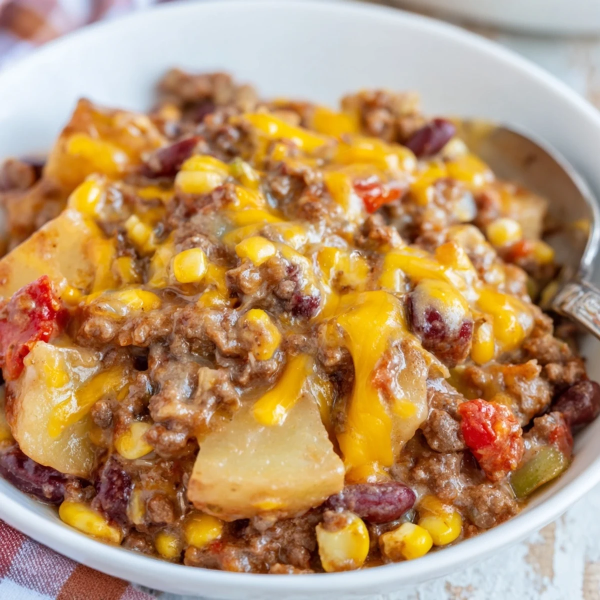 Steaming slow cooker cowboy casserole spooned into bowls featuring ground beef beans corn and diced potatoes