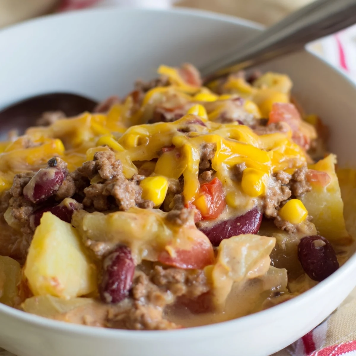 Creamy tomato-based slow cooker cowboy casserole layered with kidney beans corn and perfectly cooked potatoes