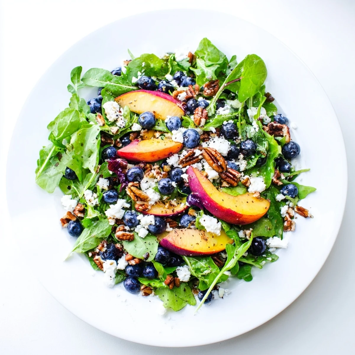 Summer blueberry peach feta salad drizzled with balsamic dressing and topped with toasted pecans