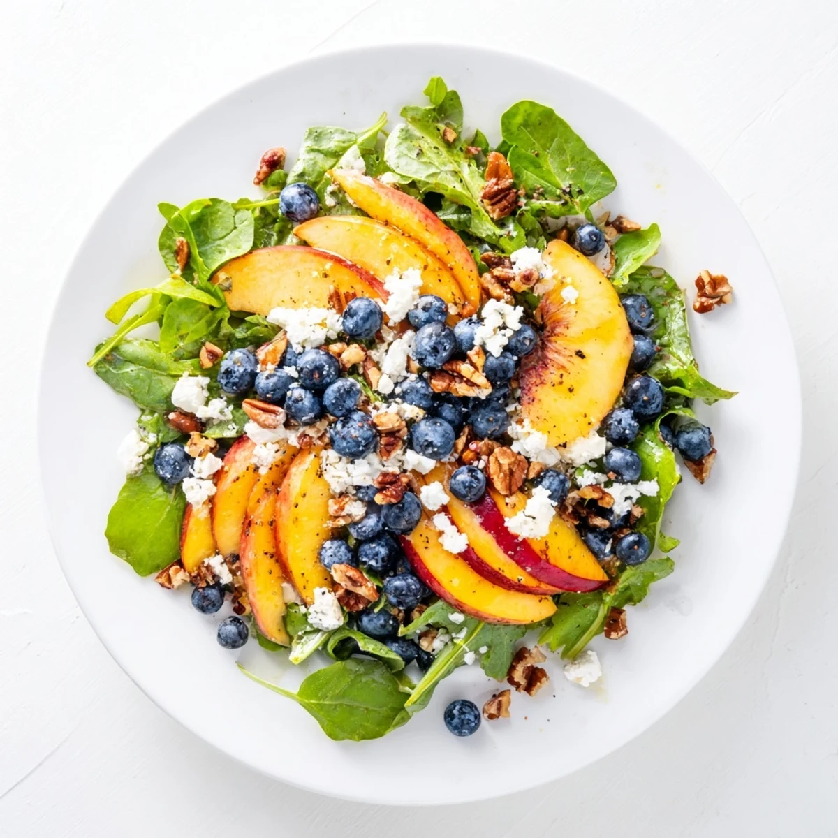 Vibrant blueberry peach feta salad bowl featuring sweet berries, sliced peaches, and crisp arugula greens