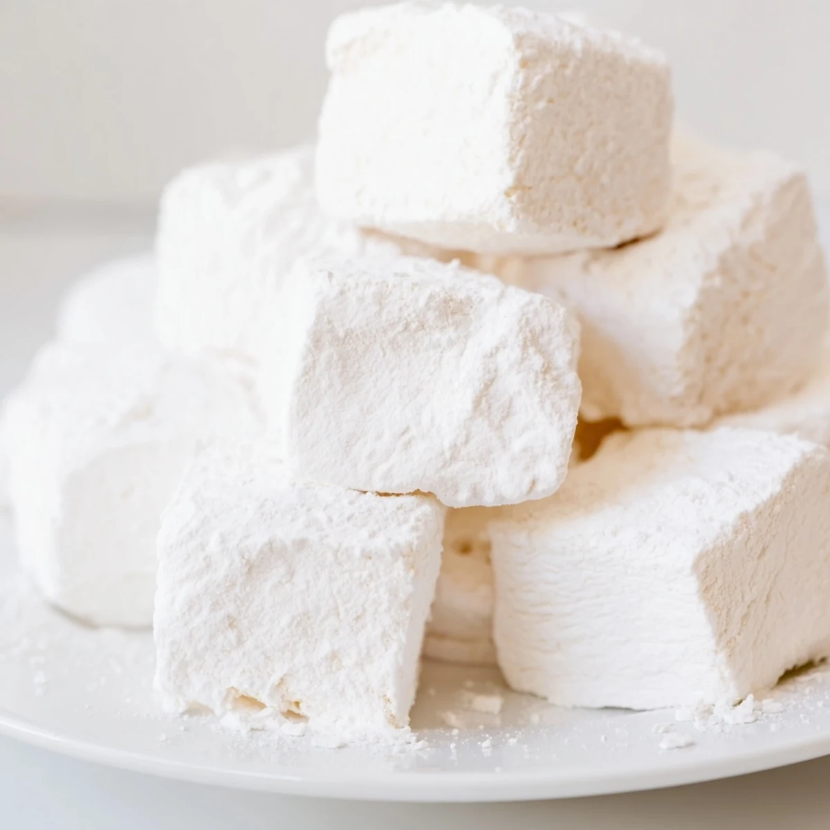 Soft white homemade marshmallow recipe squares dusted with powdered sugar on a wooden board