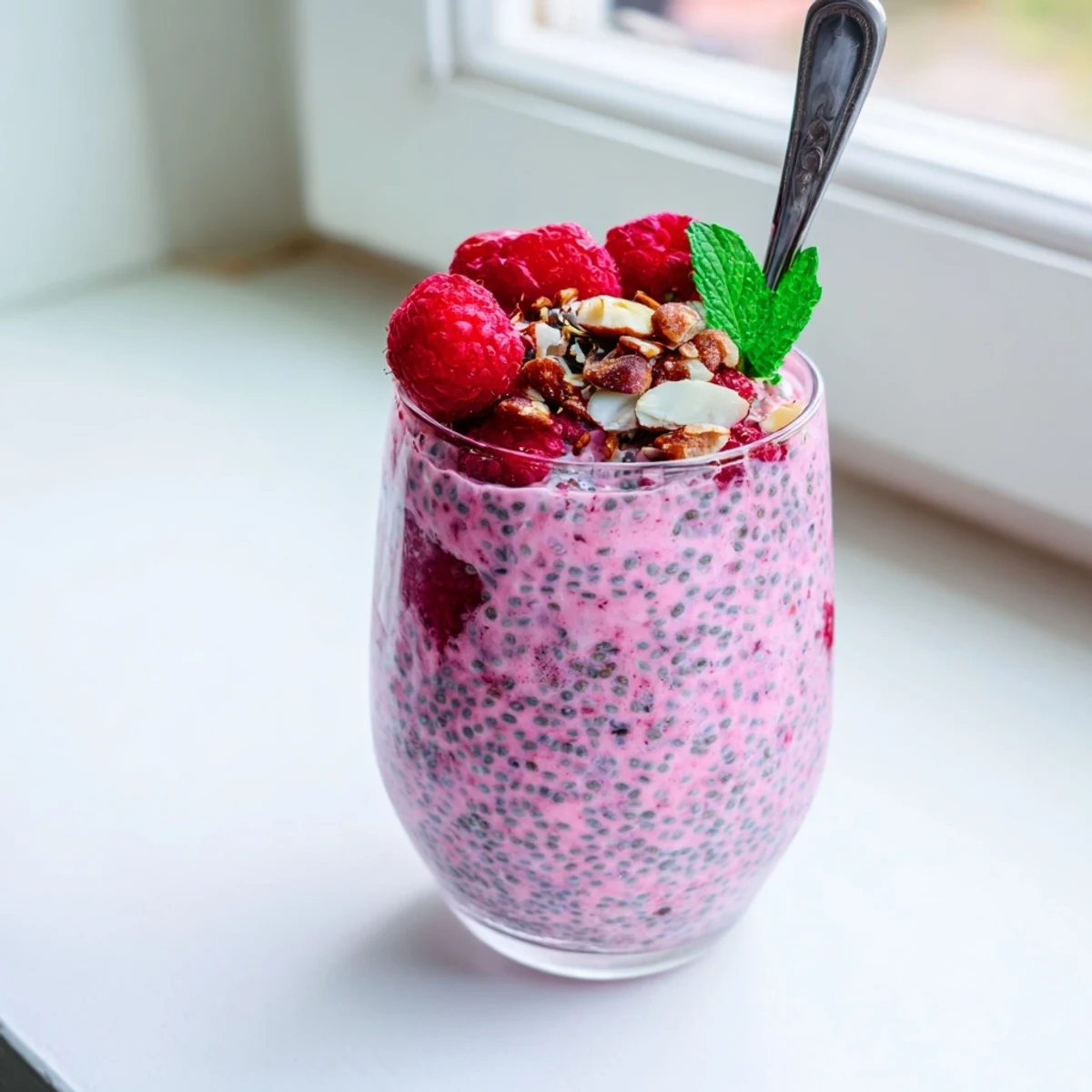 Creamy raspberry chia pudding topped with fresh berries and mint in clear glass jars