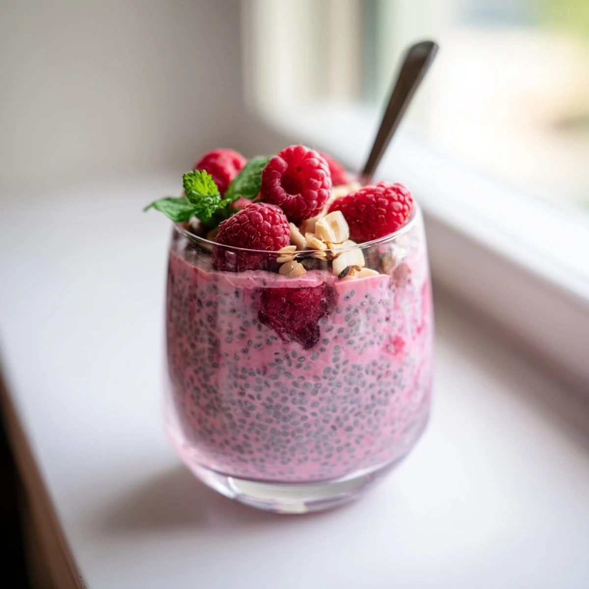 Vibrant pink layered chia seed pudding with raspberries and granola for a healthy breakfast