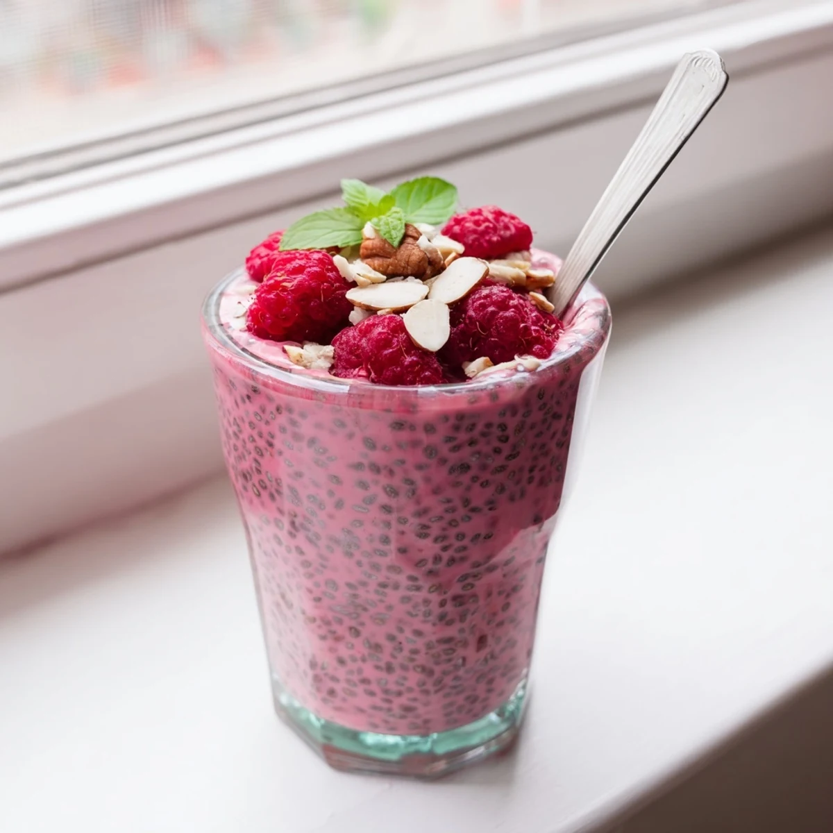 Homemade raspberry chia pudding in elegant serving glasses garnished with fresh fruit and nuts