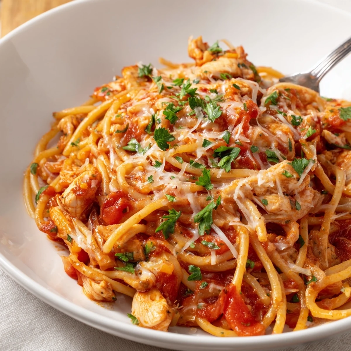 Savory Instant Pot chicken spaghetti served in a bowl with parmesan and parsley garnish