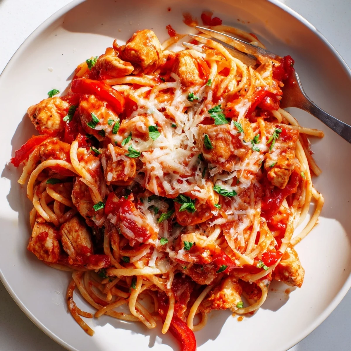 Tender chicken pieces and spaghetti coated in rich tomato sauce cooked in Instant Pot