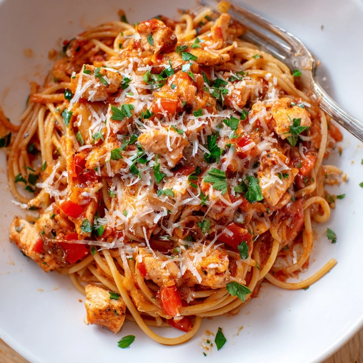 Steam rises from a comforting plate of Savory Instant Pot chicken spaghetti with melted cheese