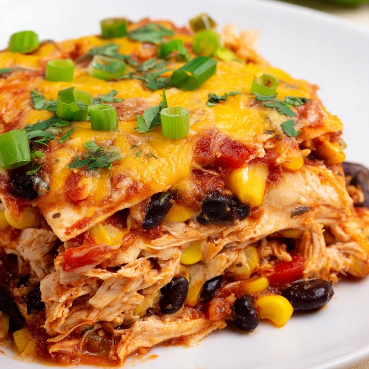 Hearty crockpot chicken enchilada casserole bubbling with red sauce, tender meat and vegetables